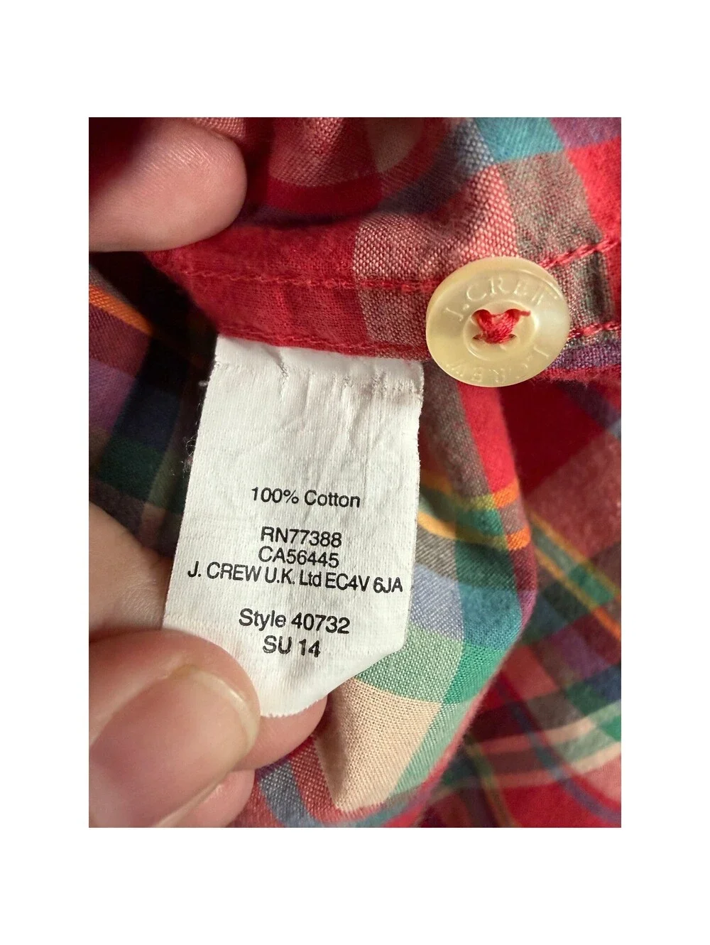 J. Crew Mens Summer Plaid Shirt Red Blue Green Tailored Fit Cotton  Size Medium
